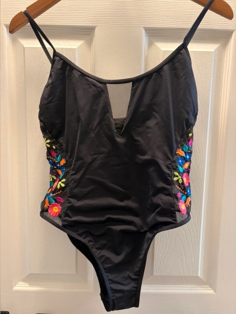 Black One-Piece Swimsuit with Bright Floral Embroidery